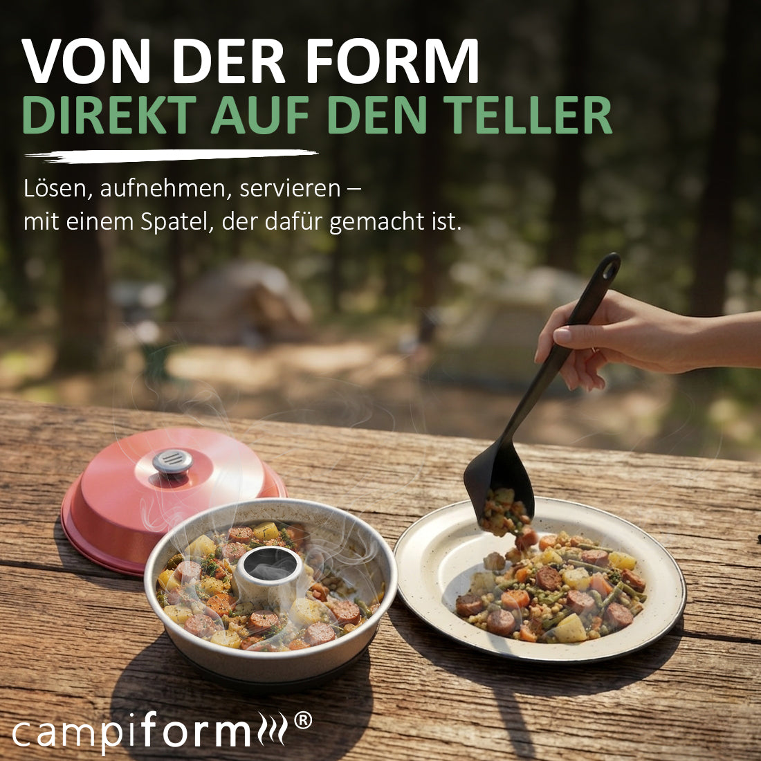 campiform® Spatel mit Kantenabstreifer – kompatibel mit Omnia Campingbackofen – passgenauer Spezialspatel zum Ausschaben, Portionieren & Servieren – Design angemeldet, Zubehör