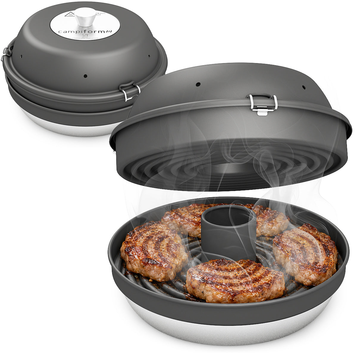 CAMPIFORM Camping Kontaktgrill & Campingofen - zum PATENT angemeldete Innovation – 2-in-1 Grill- und Back-System für Campingkocher – beidseitiges Kontaktgrillen, kompakt & modular – für Fleisch, Gemüse, Sandwiches & mehr