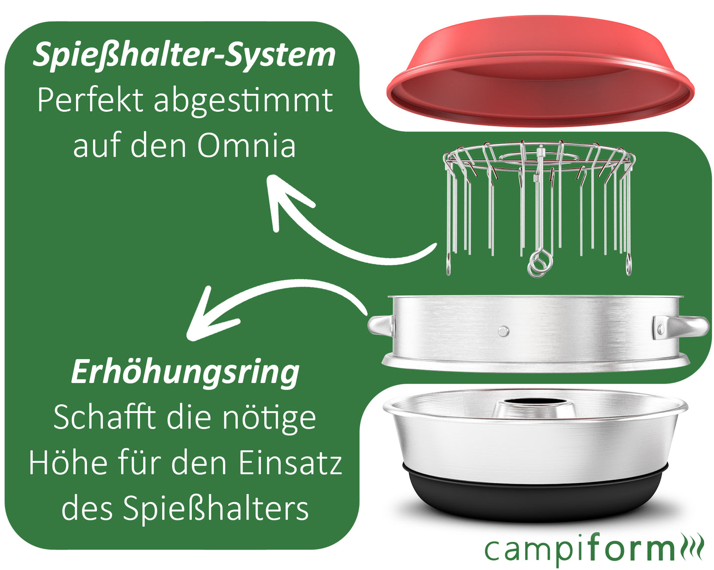 campiform Spießhalter-System mit 20 Edelstahl-Spießen & Erhöhungsring für Omnia Campingbackofen, Zubehör, Lebensmittelechter Spießeinsatz aus Edelstahl, Perfekt für Fleisch, Gemüse, Camping