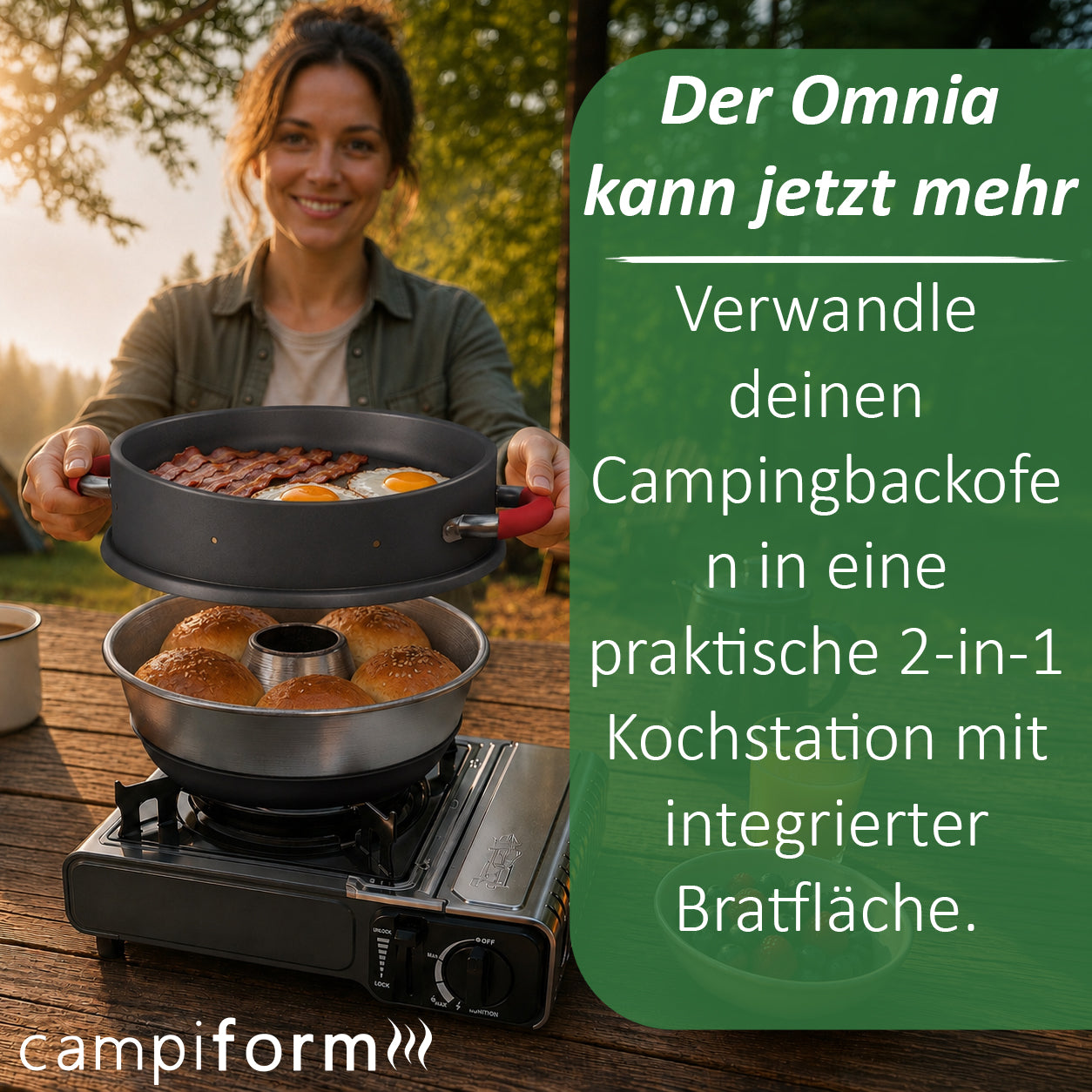 Aufgrund hoher Nachfrage: Versand am 26.06.2026 – campiform Pfannendeckel kompatibel mit Omnia Camping Backofen – Patent angemeldetes 2-in-1 Bratdeckel-System aus Aluminium mit PTFE Antihaftbeschichtung – Ideal für Bacon, Eier, Würstchen & mehr