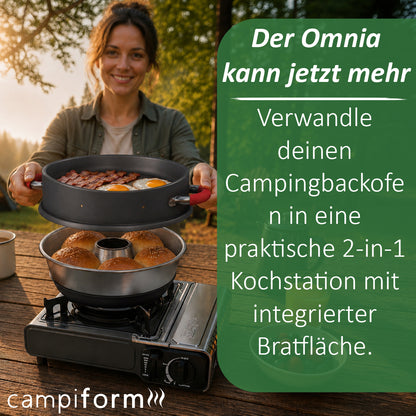 Aufgrund hoher Nachfrage: Versand am 26.06.2026 – campiform Pfannendeckel kompatibel mit Omnia Camping Backofen – Patent angemeldetes 2-in-1 Bratdeckel-System aus Aluminium mit PTFE Antihaftbeschichtung – Ideal für Bacon, Eier, Würstchen & mehr