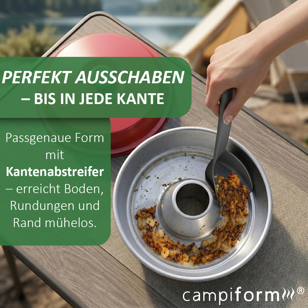 campiform® Spatel mit Kantenabstreifer – kompatibel mit Omnia Campingbackofen – passgenauer Spezialspatel zum Ausschaben, Portionieren & Servieren – Design angemeldet, Zubehör