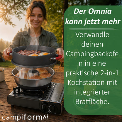 campiform® Pfannendeckel kompatibel mit Omnia Camping Backofen – Patent angemeldetes 2-in-1 Bratdeckel-System aus Aluminium mit PTFE Antihaftbeschichtung – Ideal für Bacon, Eier, Würstchen & mehr