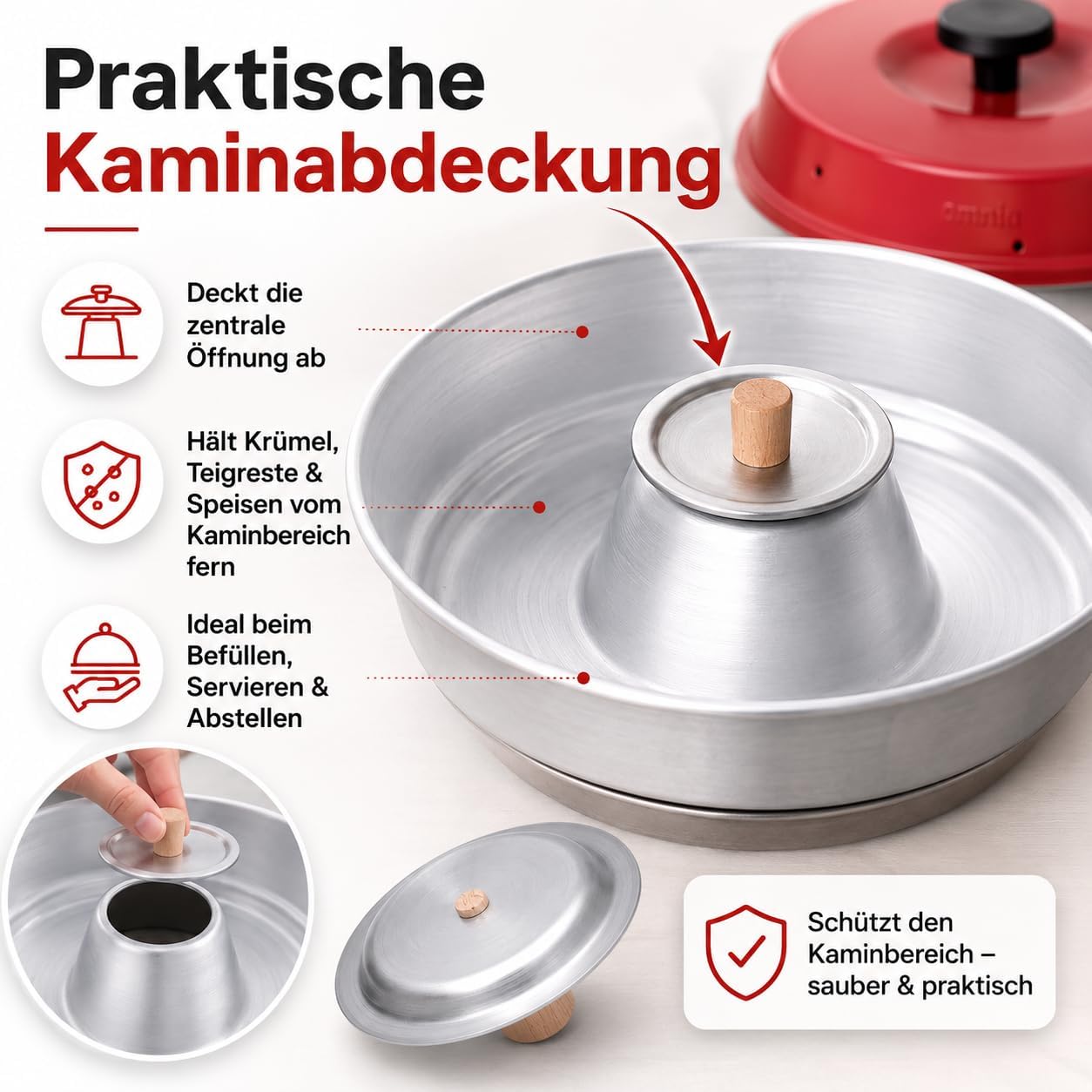 Kaminabdeckung für Camping Backofen, Trichterdeckel, Kappe für zentrales Loch, kompatibel mit Omnia, Enders Vamo, Roadbaker & Crivit, mit Holzgriff