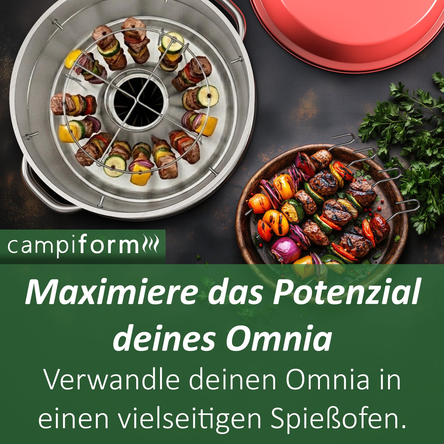 campiform Spießhalter-System mit 20 Edelstahl-Spießen & Erhöhungsring für Omnia Campingbackofen, Zubehör, Lebensmittelechter Spießeinsatz aus Edelstahl, Perfekt für Fleisch, Gemüse, Camping