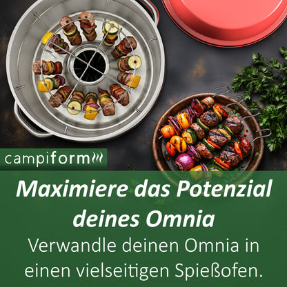 campiform Spießhalter-System mit 20 Edelstahl-Spießen & Erhöhungsring für Omnia Campingbackofen, Zubehör, Lebensmittelechter Spießeinsatz aus Edelstahl, Perfekt für Fleisch, Gemüse, Camping