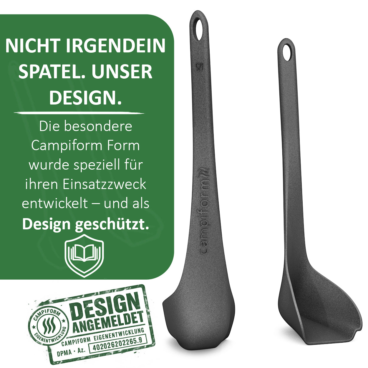campiform® Spatel mit Kantenabstreifer – kompatibel mit Omnia Campingbackofen – passgenauer Spezialspatel zum Ausschaben, Portionieren & Servieren – Design angemeldet, Zubehör