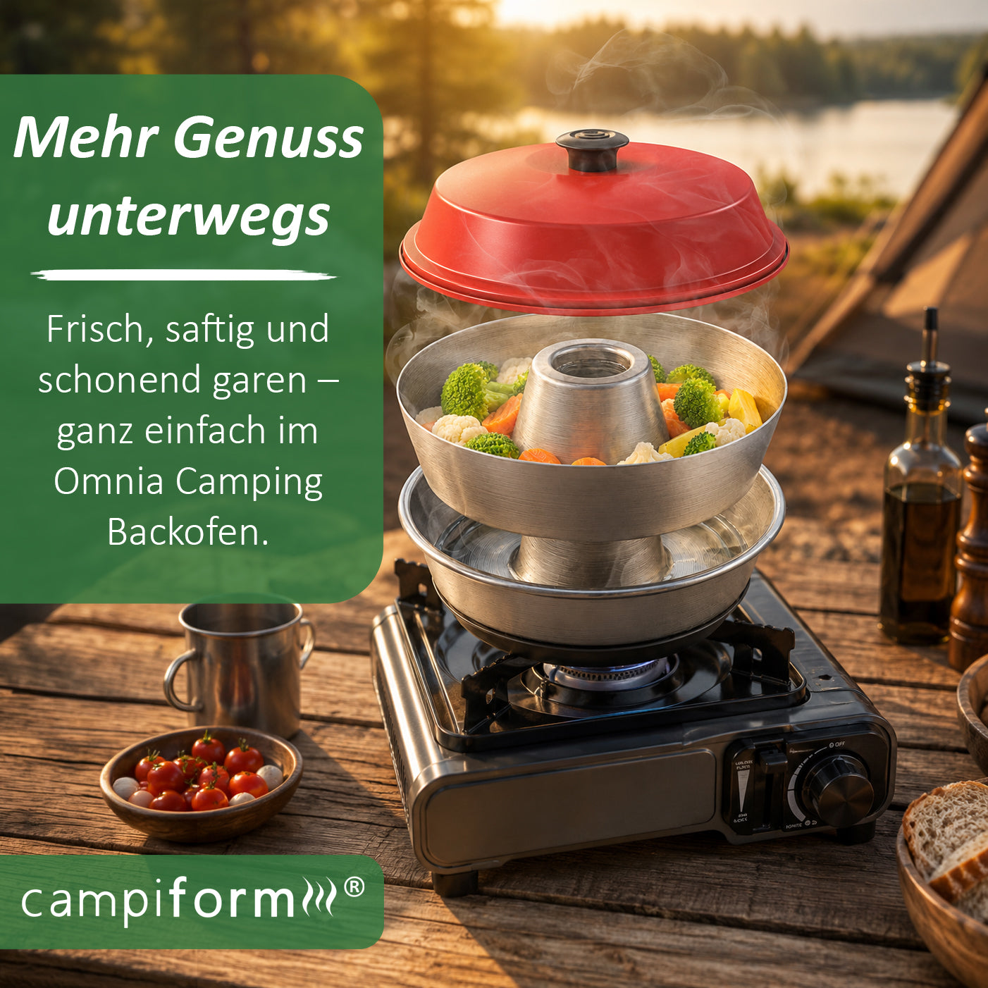 JETZT VORBESTELLBAR: CAMPIFORM® Dampfgareinsatz für Omnia Camping Backofen | Patent angemeldete Innovation | Edelstahl Dampfgar-Einsatz | Schonendes Dampfgaren | Zubehör