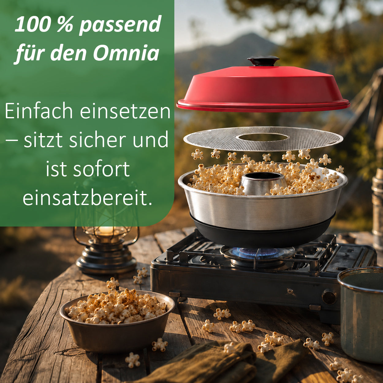Popcorn Einsatz für Omnia Campingbackofen – Popcorn Stopper aus Edelstahl, perfektes Popcorn ohne Verbrennen, optimale Luftzirkulation