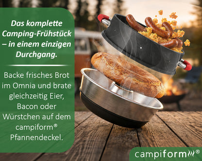 campiform® Pfannendeckel kompatibel mit Omnia Camping Backofen – Patent angemeldetes 2-in-1 Bratdeckel-System aus Aluminium mit PTFE Antihaftbeschichtung – Ideal für Bacon, Eier, Würstchen & mehr