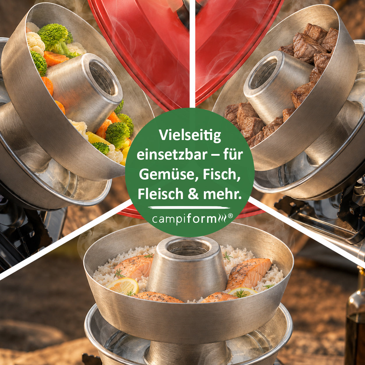 JETZT VORBESTELLBAR: CAMPIFORM® Dampfgareinsatz für Omnia Camping Backofen | Patent angemeldete Innovation | Edelstahl Dampfgar-Einsatz | Schonendes Dampfgaren | Zubehör