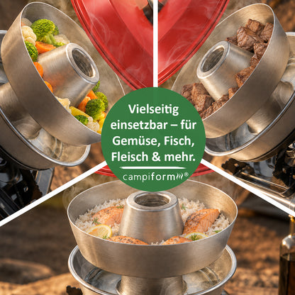 JETZT VORBESTELLBAR: CAMPIFORM® Dampfgareinsatz für Omnia Camping Backofen | Patent angemeldete Innovation | Edelstahl Dampfgar-Einsatz | Schonendes Dampfgaren | Zubehör