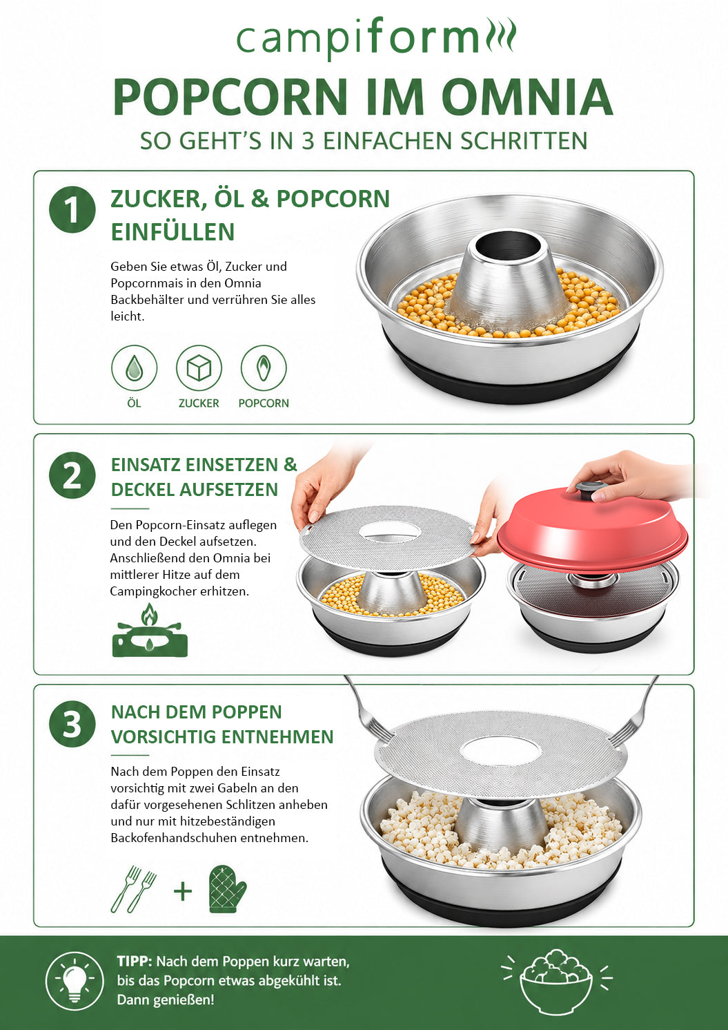 Popcorn Einsatz für Omnia Campingbackofen – Popcorn Stopper aus Edelstahl, perfektes Popcorn ohne Verbrennen, optimale Luftzirkulation