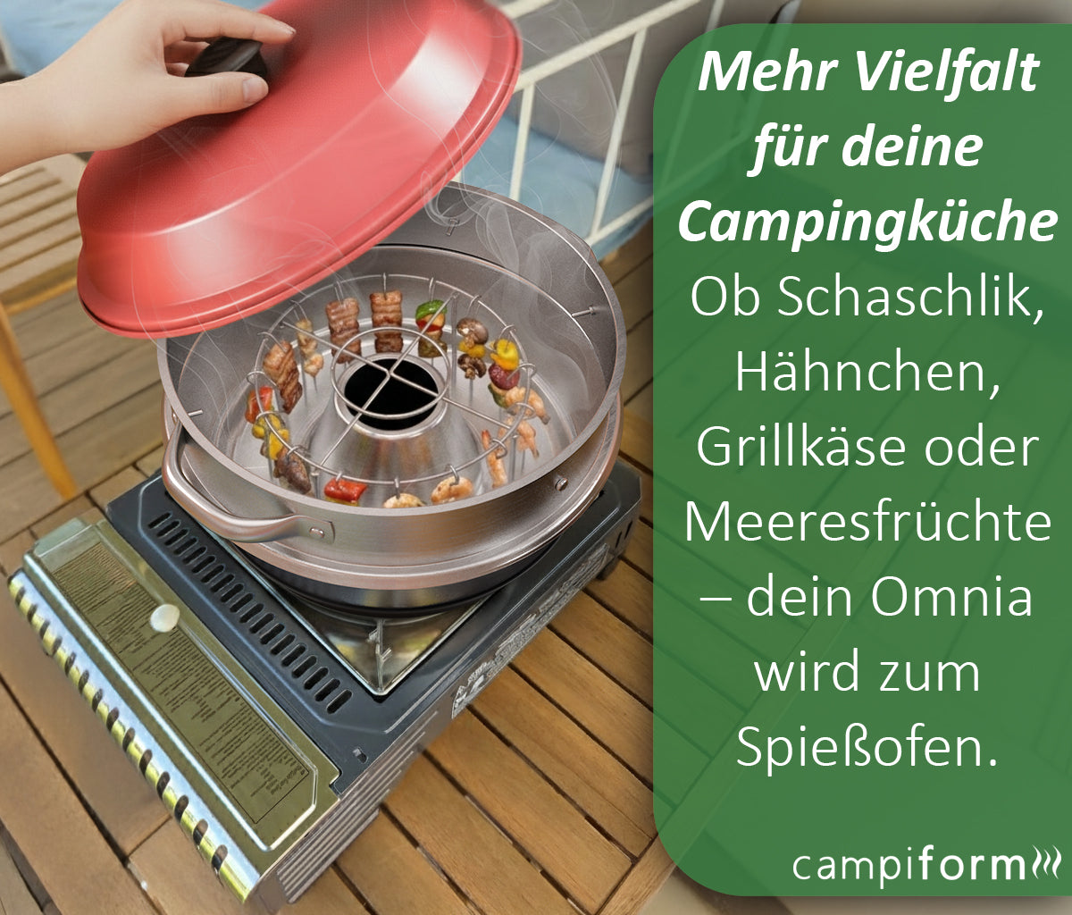 campiform Spießhalter-System mit 20 Edelstahl-Spießen & Erhöhungsring für Omnia Campingbackofen, Zubehör, Lebensmittelechter Spießeinsatz aus Edelstahl, Perfekt für Fleisch, Gemüse, Camping