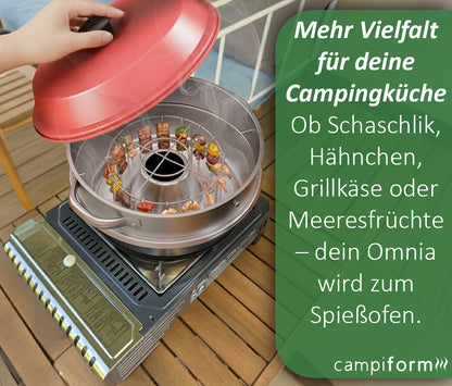 campiform Spießhalter-System mit 20 Edelstahl-Spießen & Erhöhungsring für Omnia Campingbackofen, Zubehör, Lebensmittelechter Spießeinsatz aus Edelstahl, Perfekt für Fleisch, Gemüse, Camping