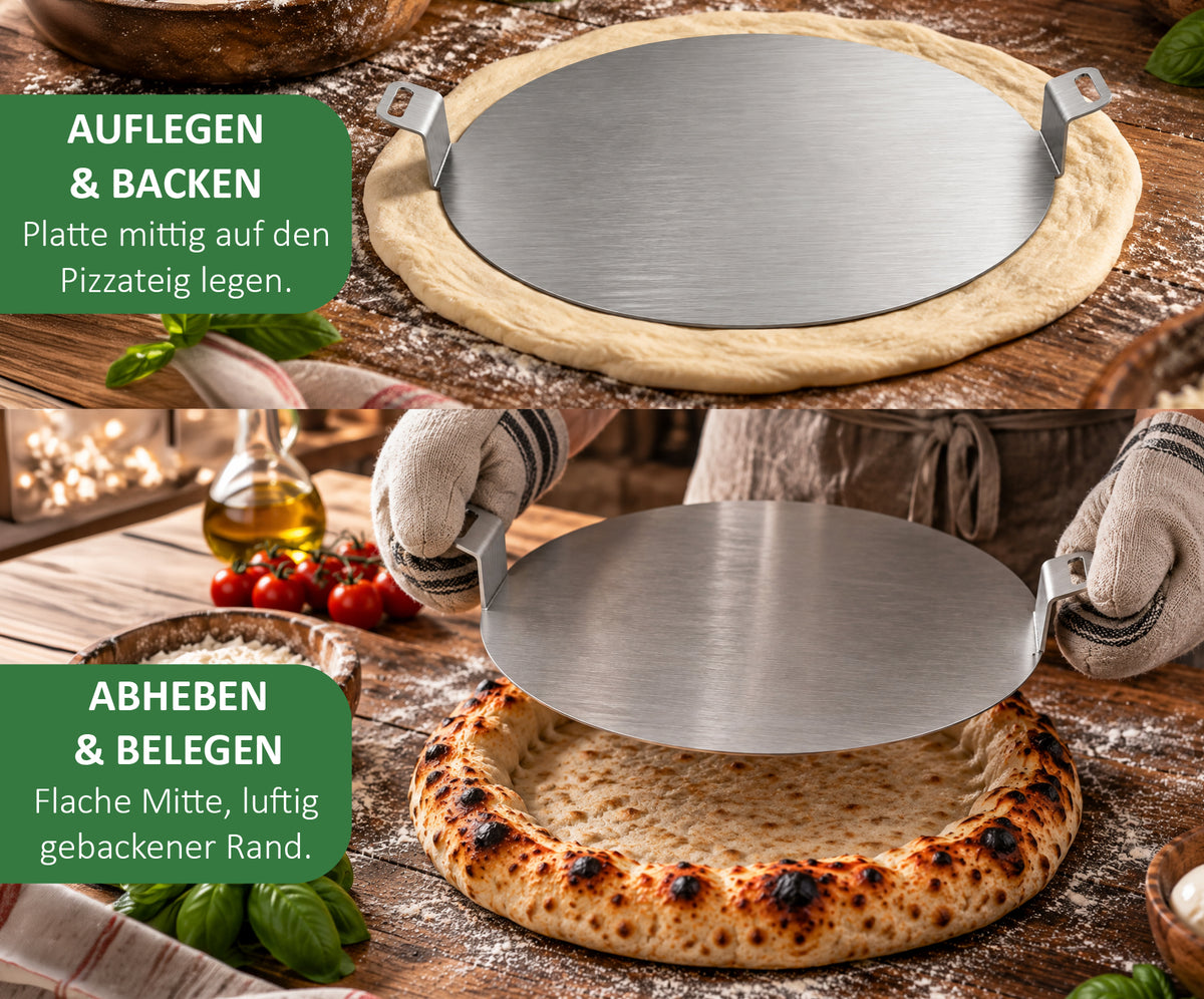 Blind Bake Platte für Pizza aus Edelstahl – Pizzateig Beschwerer mit 2 Griffen – für flache Pizzamitte & luftigen Rand – Blind Baking Pizzazubehör für Pizzaofen & Backofen