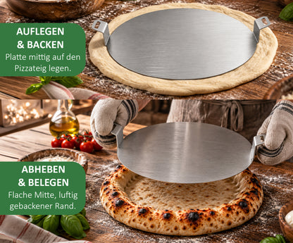 Blind Bake Platte für Pizza aus Edelstahl – Pizzateig Beschwerer mit 2 Griffen – für flache Pizzamitte & luftigen Rand – Blind Baking Pizzazubehör für Pizzaofen & Backofen