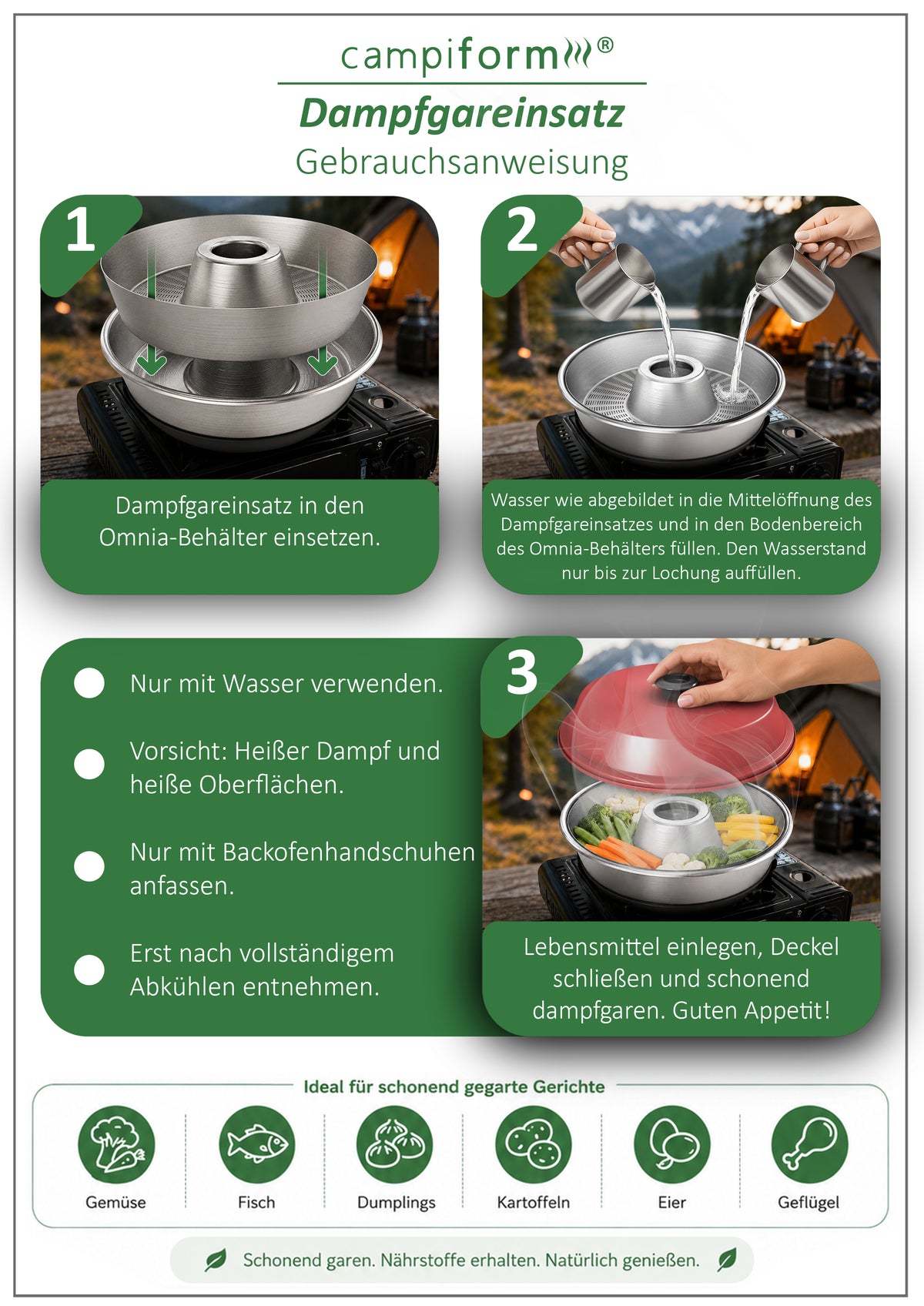 CAMPIFORM® Dampfgareinsatz für Omnia Camping Backofen | Patent angemeldete Innovation | Edelstahl Dampfgar-Einsatz | Schonendes Dampfgaren | Zubehör