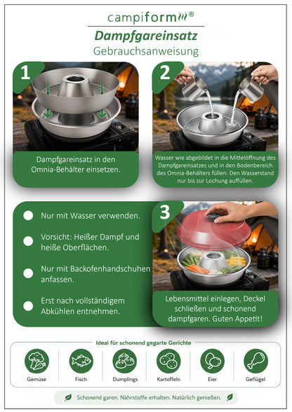 CAMPIFORM® Dampfgareinsatz für Omnia Camping Backofen | Patent angemeldete Innovation | Edelstahl Dampfgar-Einsatz | Schonendes Dampfgaren | Zubehör