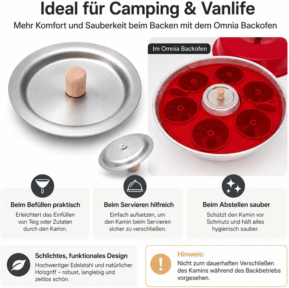 Kaminabdeckung für Camping Backofen, Trichterdeckel, Kappe für zentrales Loch, kompatibel mit Omnia, Enders Vamo, Roadbaker & Crivit, mit Holzgriff