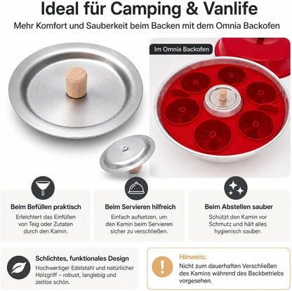 Kaminabdeckung für Camping Backofen, Trichterdeckel, Kappe für zentrales Loch, kompatibel mit Omnia, Enders Vamo, Roadbaker & Crivit, mit Holzgriff