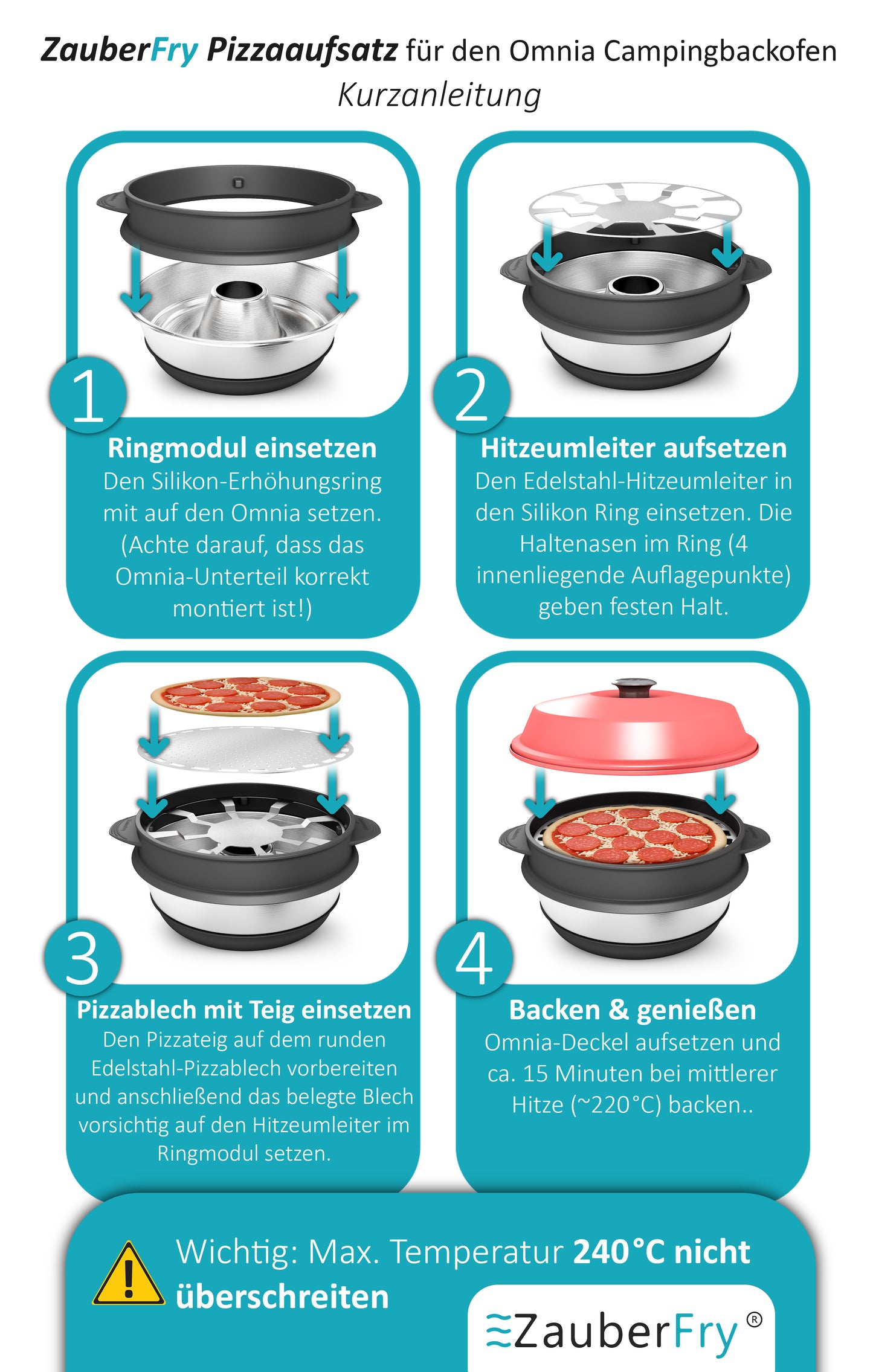 VORBESTELLUNG! AUFGRUND STARKER NACHFRAGE! VERSAND AM 24.11.2025 ZauberFry Pizzaaufsatz kompatibel mit Omnia Camping Backofen – Vollflächiger Backeinsatz aus Edelstahl & Silikon – Lebensmittelecht – Kein Loch in der Mitte – Für Pizza