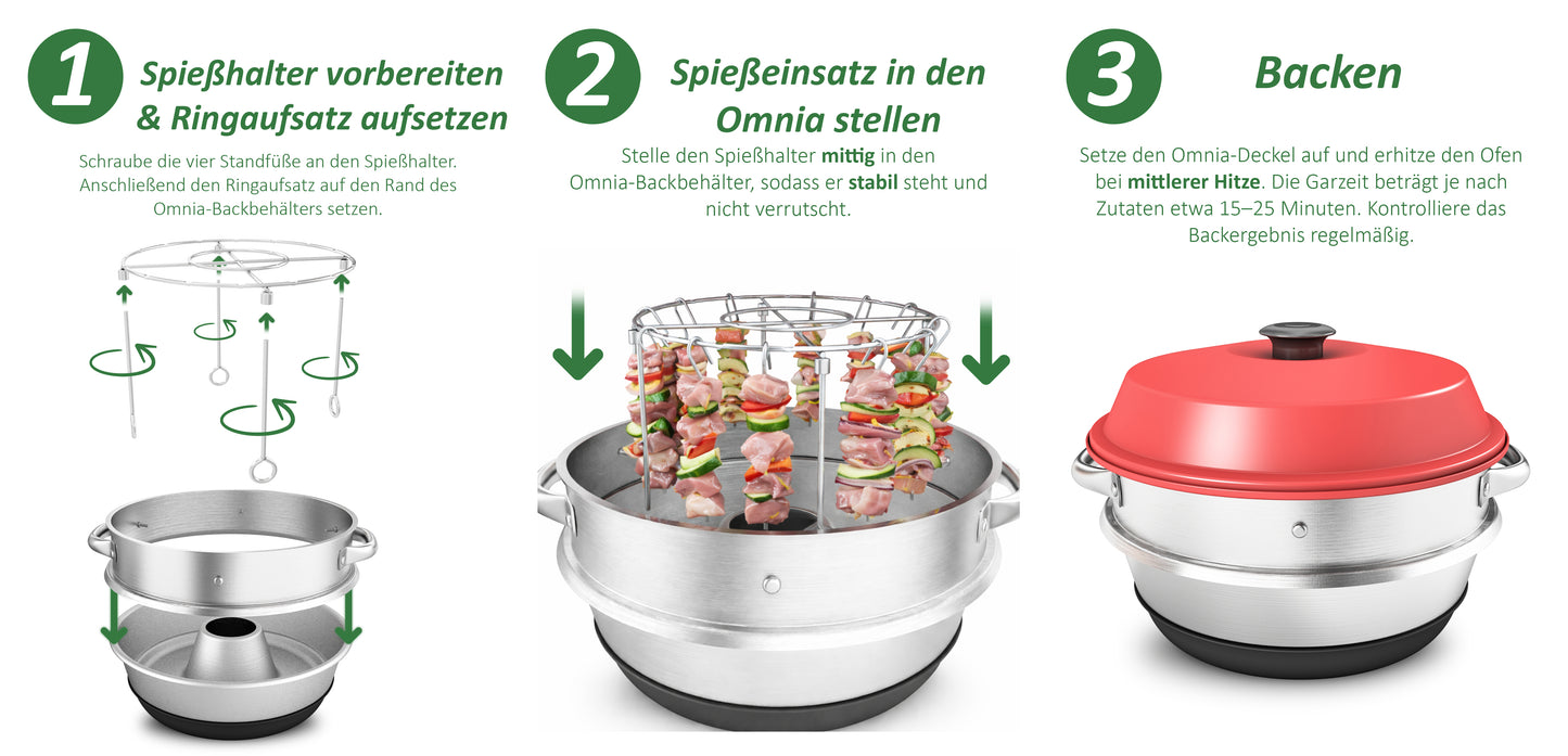 campiform Spießhalter-System mit 20 Edelstahl-Spießen & Erhöhungsring für Omnia Campingbackofen, Zubehör, Lebensmittelechter Spießeinsatz aus Edelstahl, Perfekt für Fleisch, Gemüse, Camping