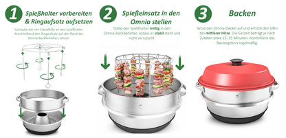 campiform Spießhalter-System mit 20 Edelstahl-Spießen & Erhöhungsring für Omnia Campingbackofen, Zubehör, Lebensmittelechter Spießeinsatz aus Edelstahl, Perfekt für Fleisch, Gemüse, Camping