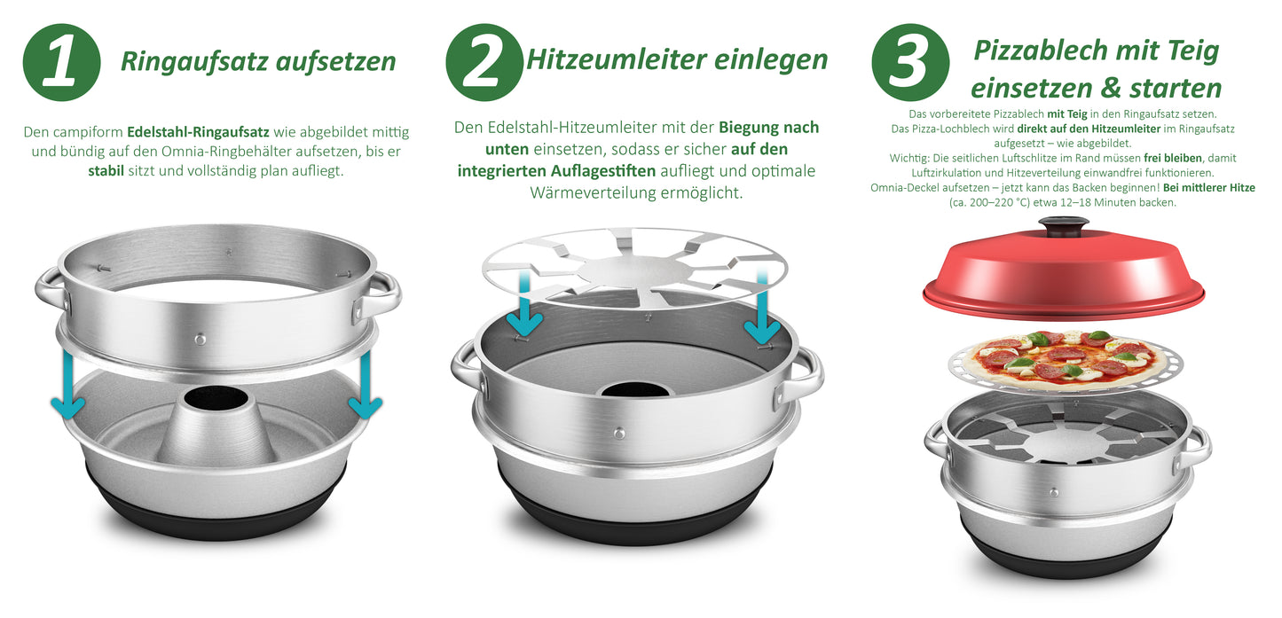Pizzaaufsatz (NEUE VERSION) kompatibel mit Omnia Camping Backofen – Vollflächiger Backeinsatz aus Edelstahl – Lebensmittelecht – Kein Loch in der Mitte – Für Pizza, Flammkuchen & mehr, Zubehör