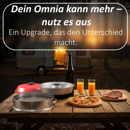 Pizzaaufsatz (NEUE VERSION) kompatibel mit Omnia Camping Backofen – Vollflächiger Backeinsatz aus Edelstahl – Lebensmittelecht – Kein Loch in der Mitte – Für Pizza, Flammkuchen & mehr, Zubehör