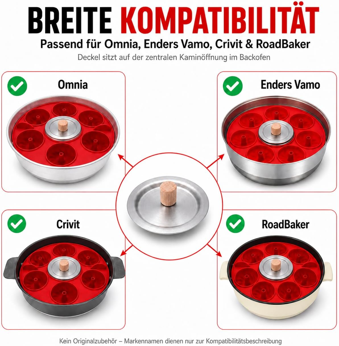Kaminabdeckung für Camping Backofen, Trichterdeckel, Kappe für zentrales Loch, kompatibel mit Omnia, Enders Vamo, Roadbaker & Crivit, mit Holzgriff
