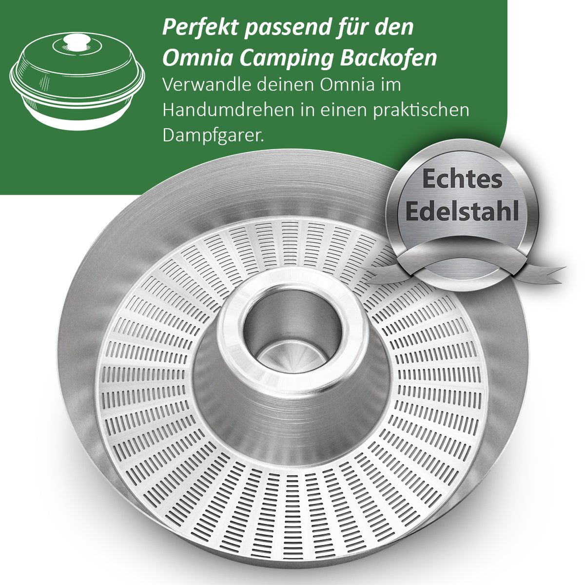 CAMPIFORM® Dampfgareinsatz für Omnia Camping Backofen | Patent angemeldete Innovation | Edelstahl Dampfgar-Einsatz | Schonendes Dampfgaren | Zubehör