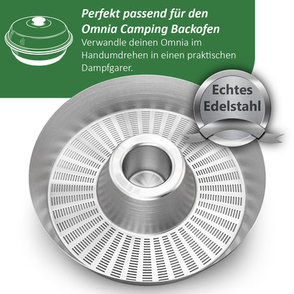 CAMPIFORM® Dampfgareinsatz für Omnia Camping Backofen | Patent angemeldete Innovation | Edelstahl Dampfgar-Einsatz | Schonendes Dampfgaren | Zubehör