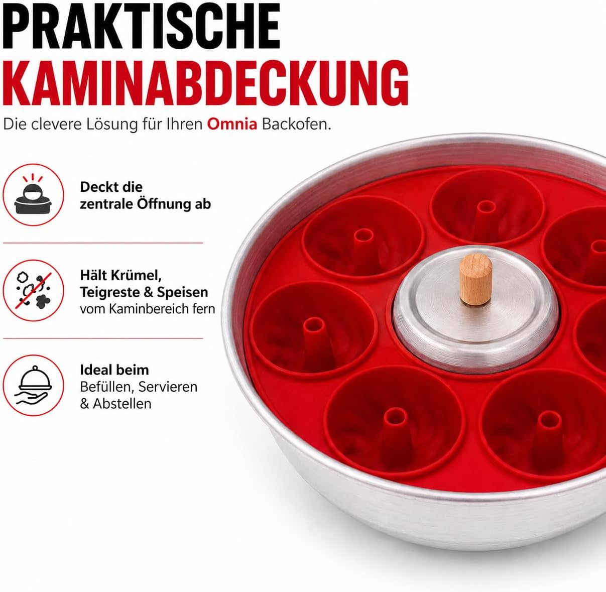 Kaminabdeckung für Camping Backofen, Trichterdeckel, Kappe für zentrales Loch, kompatibel mit Omnia, Enders Vamo, Roadbaker & Crivit, mit Holzgriff